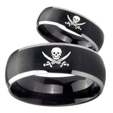 His Hers Skull Pirate Dome Brushed Black 2 Tone Tungsten Engraved Ring Set