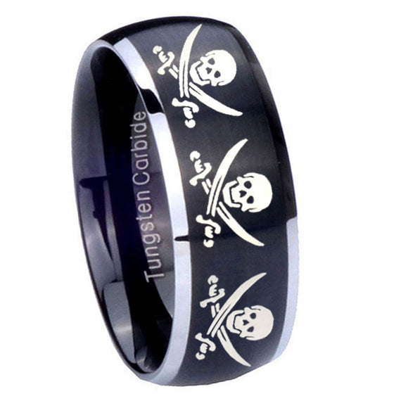 8mm Multiple Skull Pirate Dome Brushed Black 2 Tone Tungsten Wedding Band Ring