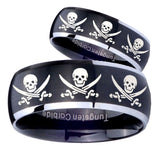 His Hers Multiple Skull Pirate Dome Brushed Black 2 Tone Tungsten Engraving Ring Set