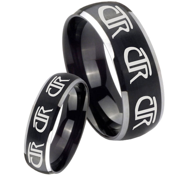 His Hers Multiple CTR Dome Brushed Black 2 Tone Tungsten Engraved Ring Set
