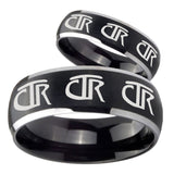 His Hers Multiple CTR Dome Brushed Black 2 Tone Tungsten Engraved Ring Set