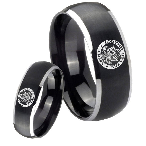 His Hers U.S. Army Dome Brushed Black 2 Tone Tungsten Engraved Ring Set