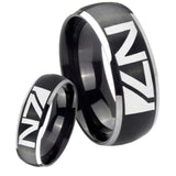 His Hers N7 Design Dome Brushed Black 2 Tone Tungsten Engraved Ring Set