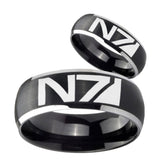 His Hers N7 Design Dome Brushed Black 2 Tone Tungsten Engraved Ring Set