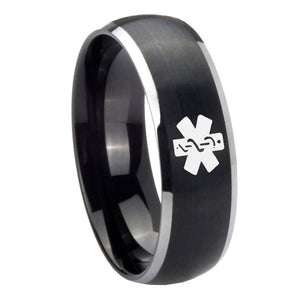 8mm Medical Alert Dome Brushed Black 2 Tone Tungsten Carbide Mens Ring Engraved