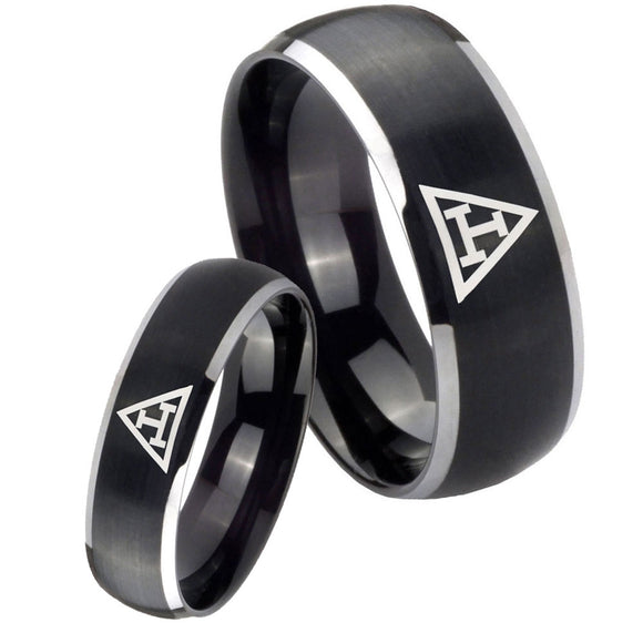 His and Hers Masonic Triple Dome Brushed Black 2 Tone Tungsten Mens Ring Set