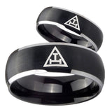 His and Hers Masonic Triple Dome Brushed Black 2 Tone Tungsten Mens Ring Set