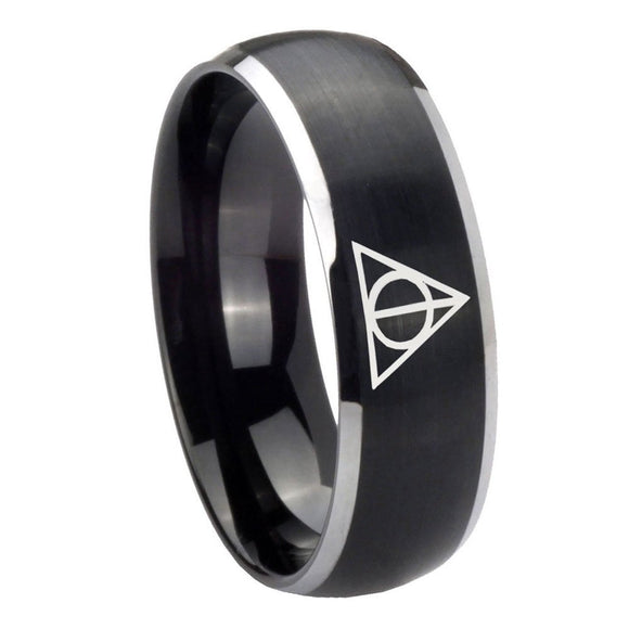 8mm Deathly Hallows Dome Brushed Black 2 Tone Tungsten Carbide Men's Band Ring