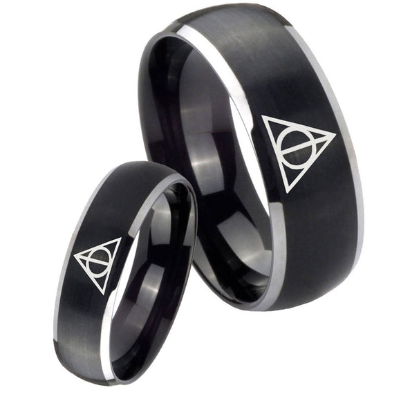 His Hers Deathly Hallows Dome Brushed Black 2 Tone Tungsten Mens Band Set