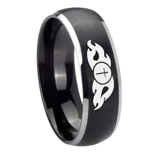 8mm Flamed Cross Dome Brushed Black 2 Tone Tungsten Carbide Wedding Band Ring