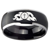 8mm Flamed Cross Dome Brushed Black 2 Tone Tungsten Carbide Wedding Band Ring