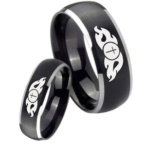 His Hers Flamed Cross Dome Brushed Black 2 Tone Tungsten Engraving Ring Set