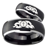 His Hers Flamed Cross Dome Brushed Black 2 Tone Tungsten Engraving Ring Set