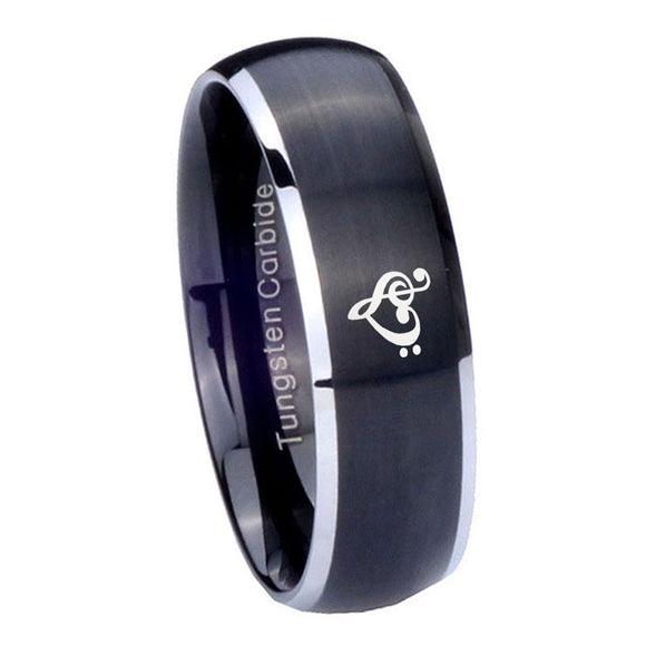 8mm Music & Heart Dome Brushed Black 2 Tone Tungsten Mens Engagement Band
