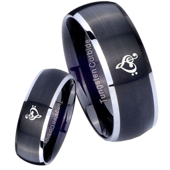 His Hers Music & Heart Dome Brushed Black 2 Tone Tungsten Men's Ring Set