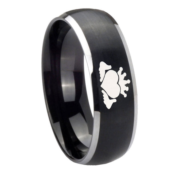 8mm Claddagh Design Dome Brushed Black 2 Tone Tungsten Mens Wedding Ring