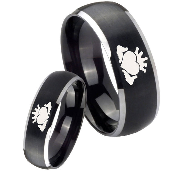 His Hers Claddagh Design Dome Brushed Black 2 Tone Tungsten Promise Ring Set