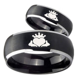 His Hers Claddagh Design Dome Brushed Black 2 Tone Tungsten Promise Ring Set