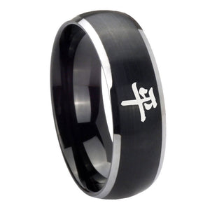 8mm Kanji Peace Dome Brushed Black 2 Tone Tungsten Carbide Mens Engagement Ring