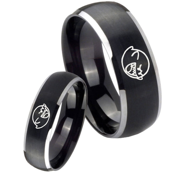 His Hers Mario Boo Ghost Dome Brushed Black 2 Tone Tungsten Men's Ring Set