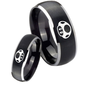 His Hers Mario Mushroom Dome Brushed Black 2 Tone Tungsten Mens Ring Set