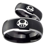 His Hers Mario Mushroom Dome Brushed Black 2 Tone Tungsten Mens Ring Set