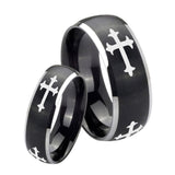 His Hers Christian Cross Religious Dome Brushed Black 2 Tone Tungsten Engraved Ring Set