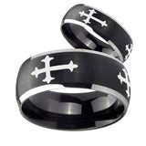 His Hers Christian Cross Religious Dome Brushed Black 2 Tone Tungsten Engraved Ring Set