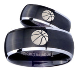 His Hers Basketball Dome Brushed Black 2 Tone Tungsten Custom Ring for Men Set