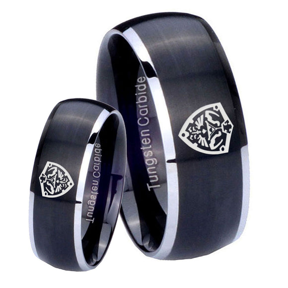 His Hers Zelda Hylian Shield Dome Brushed Black 2 Tone Tungsten Mens Band Set