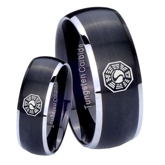 His Hers Lost Dharma Dome Brushed Black 2 Tone Tungsten Men's Bands Ring Set