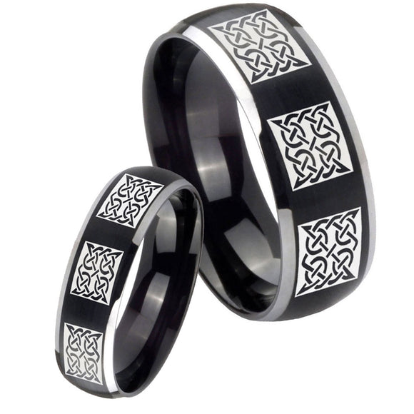 His Hers Multiple Celtic Dome Brushed Black 2 Tone Tungsten Men's Ring Set