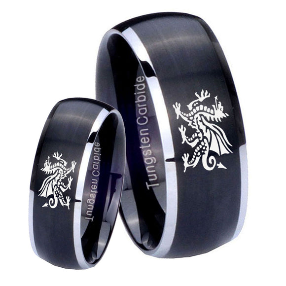 His and Hers Dragon Dome Brushed Black 2 Tone Tungsten Mens Promise Ring Set