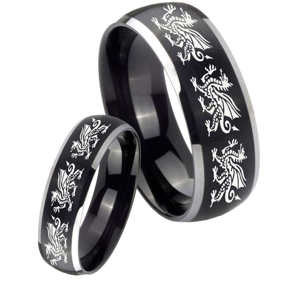 His Hers Multiple Dragon Dome Brushed Black 2 Tone Tungsten Men's Ring Set