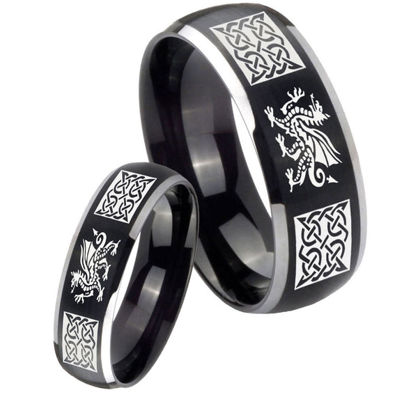 His Hers Multiple Dragon Celtic Dome Brushed Black 2 Tone Tungsten Rings for Men Set