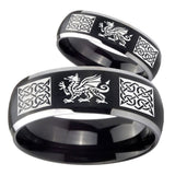 His Hers Multiple Dragon Celtic Dome Brushed Black 2 Tone Tungsten Rings for Men Set