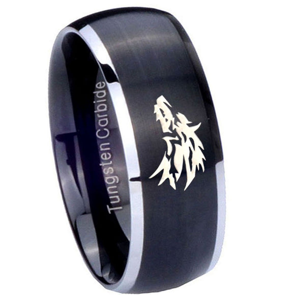8mm Wolf Dome Brushed Black 2 Tone Tungsten Carbide Mens Bands Ring