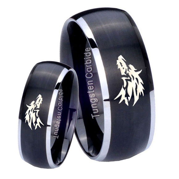 His Hers Wolf Dome Brushed Black 2 Tone Tungsten Men's Engagement Band Set
