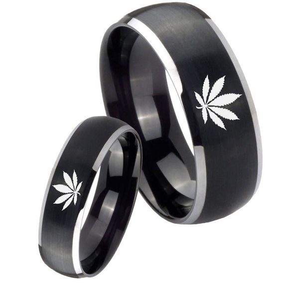 His Hers Marijuana Leaf Dome Brushed Black 2 Tone Tungsten Rings for Men Set