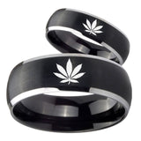 His Hers Marijuana Leaf Dome Brushed Black 2 Tone Tungsten Rings for Men Set