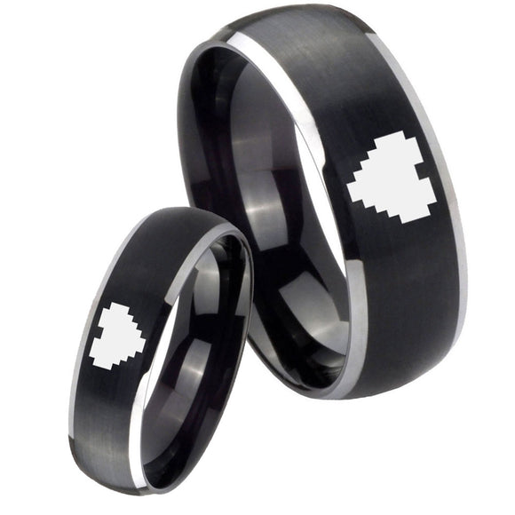 His Her Matte Dome Zelda Heart Two Tone Tungsten Carbide Wedding Rings Set