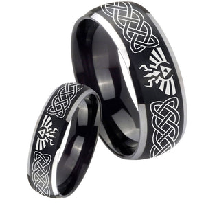 His Hers Celtic Zelda Dome Brushed Black 2 Tone Tungsten Wedding Band Mens Set