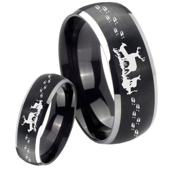 His Hers Deer Hunting Dome Brushed Black 2 Tone Tungsten Engraved Ring Set