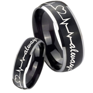 His Hers Heart Beat forever Heart always Dome Brushed Black 2 Tone Tungsten Mens Ring Set