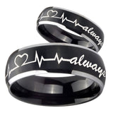 His Hers Heart Beat forever Heart always Dome Brushed Black 2 Tone Tungsten Mens Ring Set