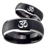 His Hers Om Aum Yoga  Dome Brushed Black 2 Tone Tungsten Wedding Ring Set