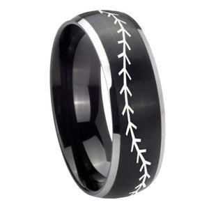 8mm Baseball Stitch Dome Brushed Black 2 Tone Tungsten Wedding Band Ring