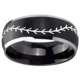 8mm Baseball Stitch Dome Brushed Black 2 Tone Tungsten Wedding Band Ring