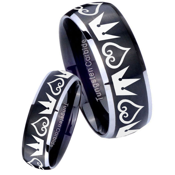 His Hers Hearts and Crowns Dome Brushed Black 2 Tone Tungsten Men Ring Set