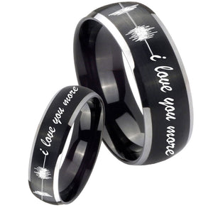 His Hers Sound Wave, I love you more Dome Brushed Black 2 Tone Tungsten Men Rings Set